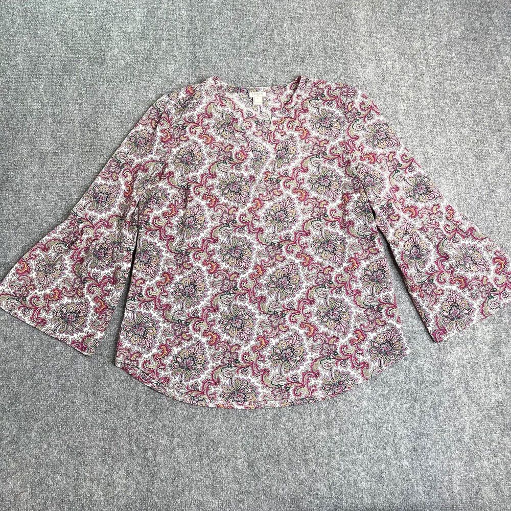 J Crew Top Womens Medium V Neck Bell Sleeve Light Weight Multi Floral Blouse